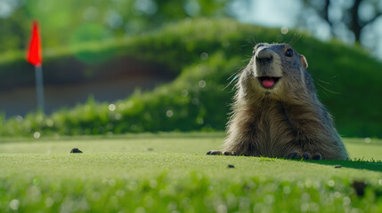 Funny groundhog enjoying a sunny day near a golf course green with a red flag in the background.