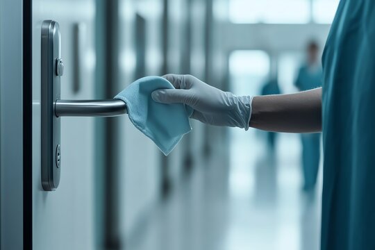 Person cleaning a door handle with a cloth in a healthcare facility.
