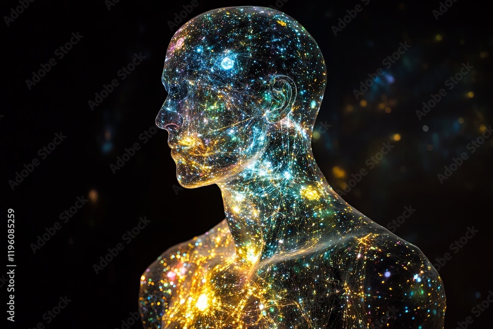 Poster cosmic figure representing the universe with stars and galaxies in a dark background. generative ai