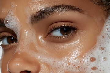 Close-up of a woman's eye and eyebrow covered in foamy facial cleanser, highlighting fresh, dewy skin and a deep gaze.