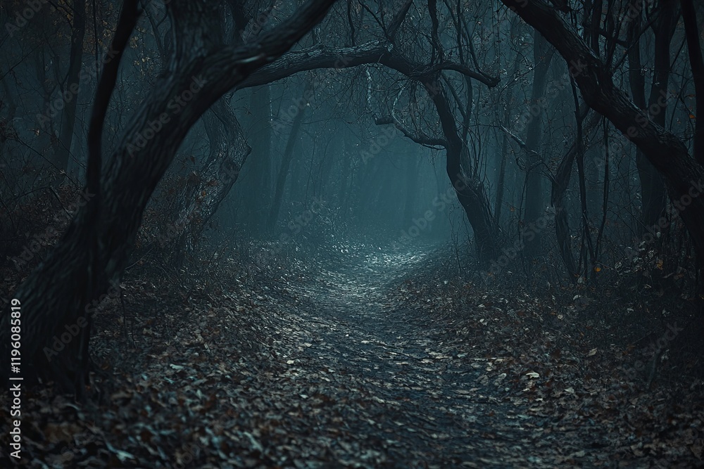 Poster mysterious wooded path covered in leaves under soft fog at twilight. generative ai