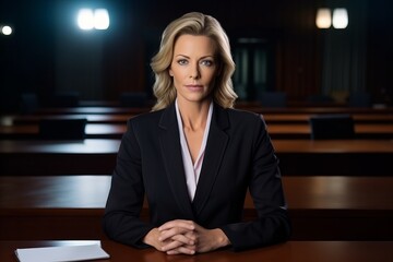 Portrait of a beautiful businesswoman sitting in an empty courtroom.