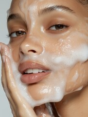 Portrait of a young woman with a fresh and radiant complexion, massaging a foamy facial cleanser into her skin while looking at the camera.