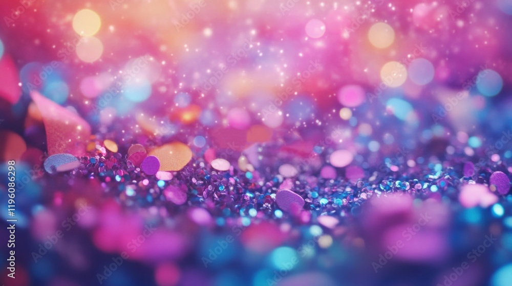 Aufkleber confetti in multiple colors fills the space, illuminated by sparkling bokeh lights, enhancing the jo