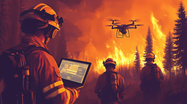 A wildfire management scene with firefighters using modern equipment like laptops and drones to track fire movement and plan strategic firefighting tactics. Frostflare. Illustration