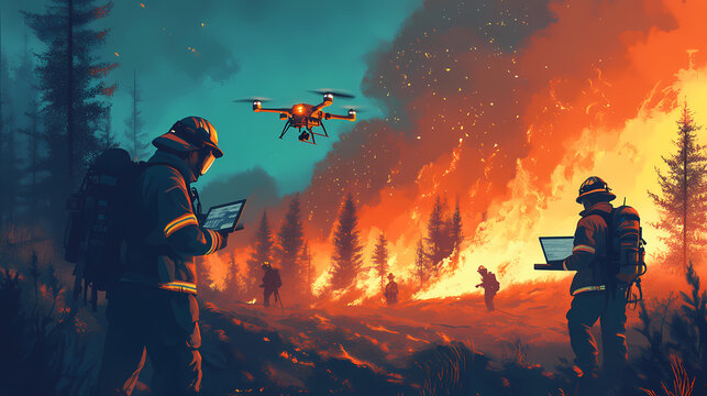 A wildfire management scene with firefighters using modern equipment like laptops and drones to track fire movement and plan strategic firefighting tactics. Frostflare. Illustration