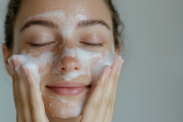 Smiling young woman massaging a foamy face wash into her skin during her skincare routine, with eyes closed and a relaxed expression.