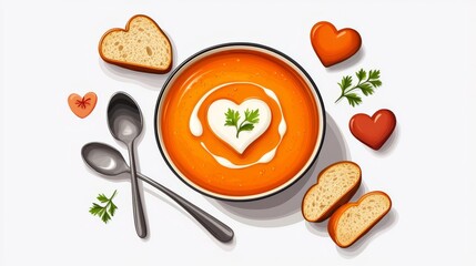 Heart-shaped soup with bread and garnishes.