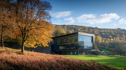 Fototapeta premium Beautiful autumn landscape in the forest with a modern office building.