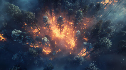 Fototapeta premium Aerial view of a forest fire raging through dense trees showcasing environmental destruction. Frostflare. Illustration