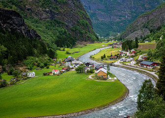 Winding River in a Norwegian Mountain Village
