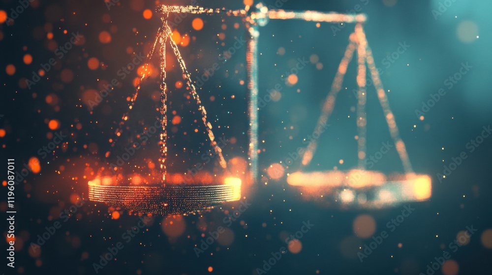 Poster a digital representation of a justice scale features glowing elements, symbolizing law and order wit