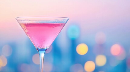 A vibrant cosmopolitan cocktail is elegantly presented, complementing the colorful city skyline against a twilight backdrop