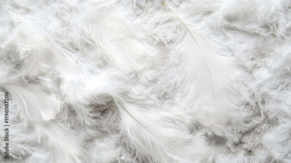 Poster closeup view revealing the soft, intricate texture of white feathers scattered on a subtle backgroun
