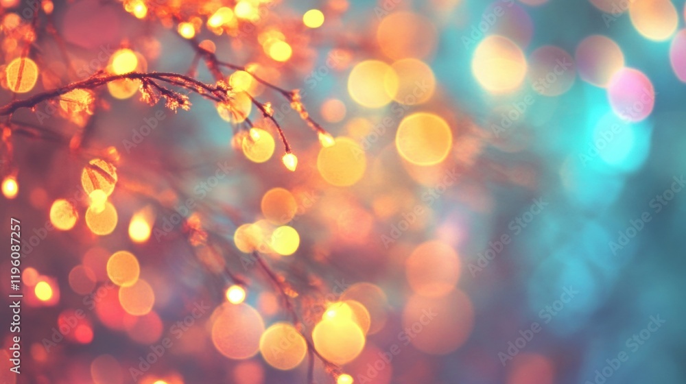 Poster lighting patterns form a vibrant backdrop with colorful bokeh effects, enhancing the ambiance during