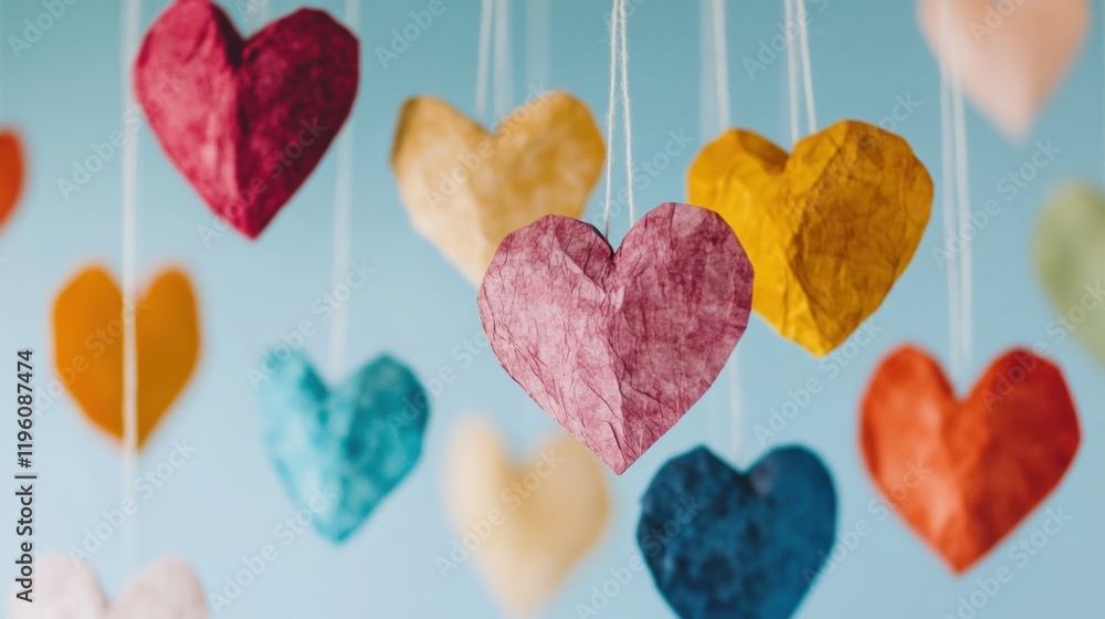 Poster vibrant paper hearts in various colors dangle from strings against a pastel background, creating a c