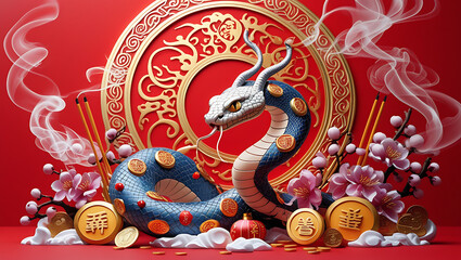 Fototapeta premium Chinese New Year of Wooden snake background, created by generative ai