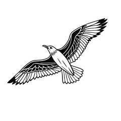 Elegant flying seagull bird vector illustration, perfect for coastal-themed designs, decor, and digital projects. Ideal for nature lovers and creative artwork enthusiasts.