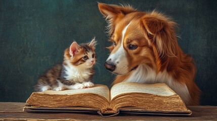 A dog teaching kitten grammar