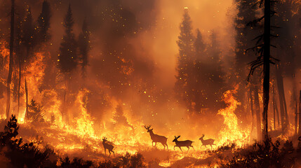A dramatic scene of deer fleeing from a raging wildfire in a dense forest, capturing a moment of natural crisis and urgency. Frostflare. Illustration
