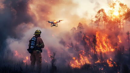 firefighter using aerial drone