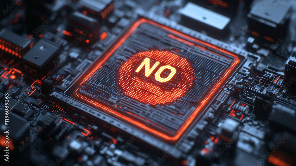 Poster digital display showing prominent no message on circuit board, symbolizing warning or alert. vibrant