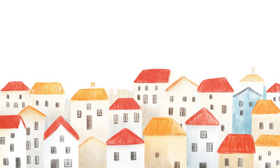 Colorful houses with red and orange roofs create charming village scene, evoking sense of warmth and community