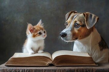 A dog teaching kitten grammar