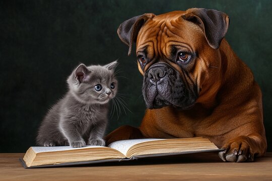 A dog teaching kitten grammar