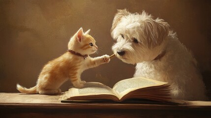 A dog teaching kitten grammar