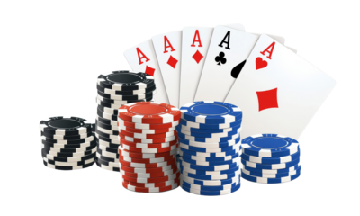 High stakes poker scene with chips and four aces, showcasing excitement and strategy