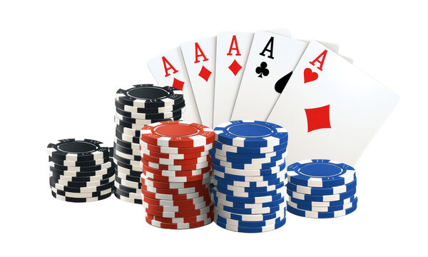 High stakes poker scene with chips and four aces, showcasing excitement and strategy