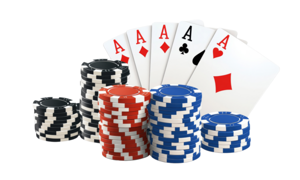 High stakes poker scene with chips and four aces, showcasing excitement and strategy