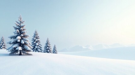 Fototapeta premium Serene Winter Landscape Snow-Covered Evergreens and Distant Mountains Under a Pale Sky