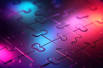 Close-up of vibrant, interconnected jigsaw puzzle pieces under colorful lighting.