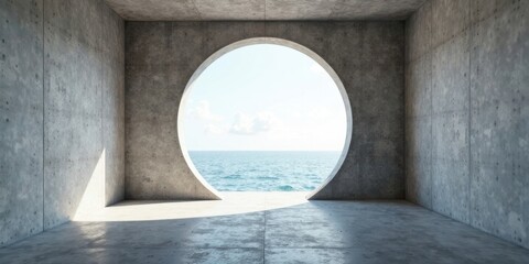 Serene Coastal View Through a Circular Opening in a Modern Concrete Structure