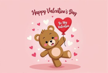 Valentine's Day cartoon bear with heart-shaped balloon and "Be My Valentine" text. Love. Joy. Celebrating Valentine&rsquo;s Day with adorable bear and heart balloons. love celebration, event promotion, mark