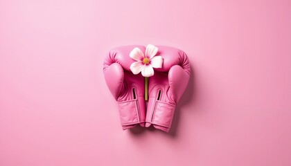 Pink boxing gloves with a flower between them symbolizing women's strength and feminism. Empowerment. Strength. Symbolizing women’s power with boxing gloves and flower. celebration poster, feminism, m