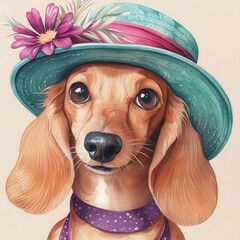 Watercolor animal Victorian costume concept. Adorable dachshund wearing a stylish hat with flowers