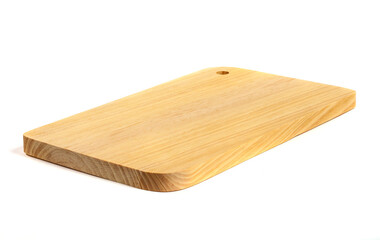 Wooden cutting board, base for cutting food ingredients and kitchen spices made of wood with natural wood pattern, isolated on white background.