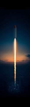 Rocket launch at dusk with vibrant trail against serene sky.