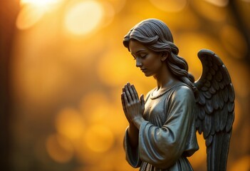 Fototapeta premium Angel statue in prayer pose with golden and orange sunset background.Faith. Prayer. Spirituality. Devotion through angelic symbolism. angelic theme, prayer, spiritual poster, religious event, peac