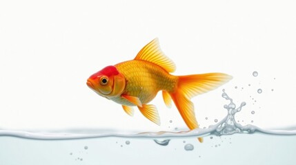 Fototapeta premium A vibrant goldfish leaps gracefully from crystal-clear water, its scales shimmering with an enchanting orange hue, creating a captivating aquatic scene.