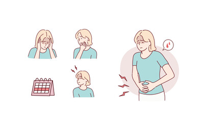 A woman suffering from menstrual cramps. Hand drawn style vector design illustrations.