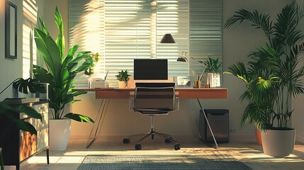 Modern Office Interior with Green Plants and Natural Light