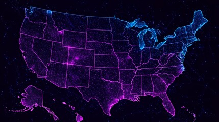 USA map digital network connection glowing neon purple blue abstract illustration