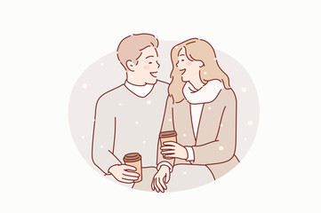 couple drinking their morning coffee or tea. Hand drawn style vector design illustrations.