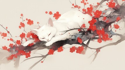 Ghostly white cat surrounded by plum blossoms in traditional Chinese ink wash style