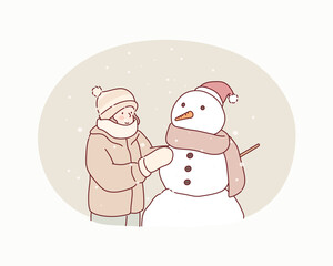 Child building snowman. Kids build snow man. Hand drawn style vector design illustrations.