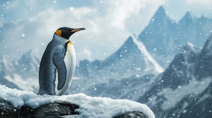 Obraz premium Majestic King Penguin in a Snowy Mountain Landscape